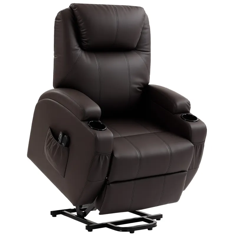 HOMCOM Fotoliu cu funcție de ridicare, fotoliu relax cu asistență la ridicare, incl. telecomandă, suport pahare, spătar reglabil, Maro | Romania