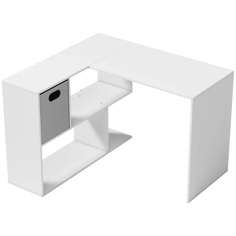 HOMCOM Birou Colțar pentru Computer, 110x100 cm, Birou în Formă de L cu Raft și Sertar din Material Textil, Masă pentru PC pentru Dormitor, Birou și Studio, Alb | Romania