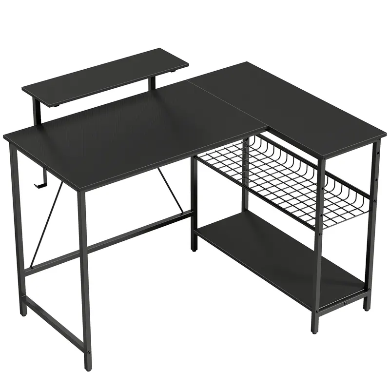 HOMCOM Birou gaming reversibil, birou de colț, suport pentru monitor, etajeră din plasă reglabilă, 114,5x82x91,5cm, negru | Romania