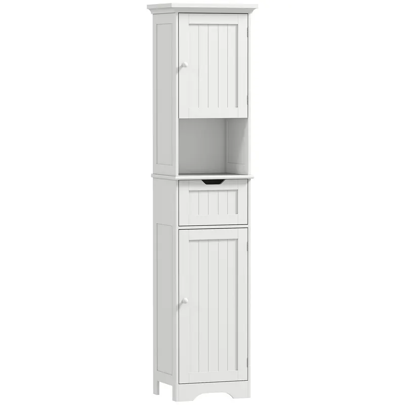 HOMCOM Coloană de Baie cu Iluminare LED, Dulap Îngust de Depozitare, Sertar și 2 Uși, 40x30x170 cm, Alb | Romania