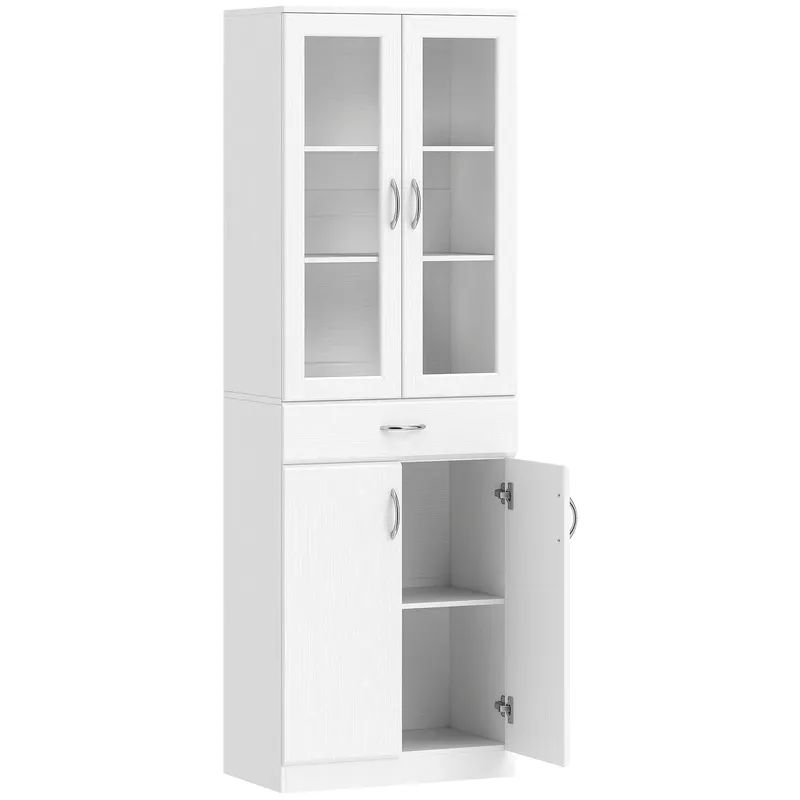 HOMCOM Dulap de Bucătărie Înalt 180 cm cu Uși din Sticlă Soft-Close, Sertar și 2 Dulapuri, Polițe Reglabile, Alb | Romania