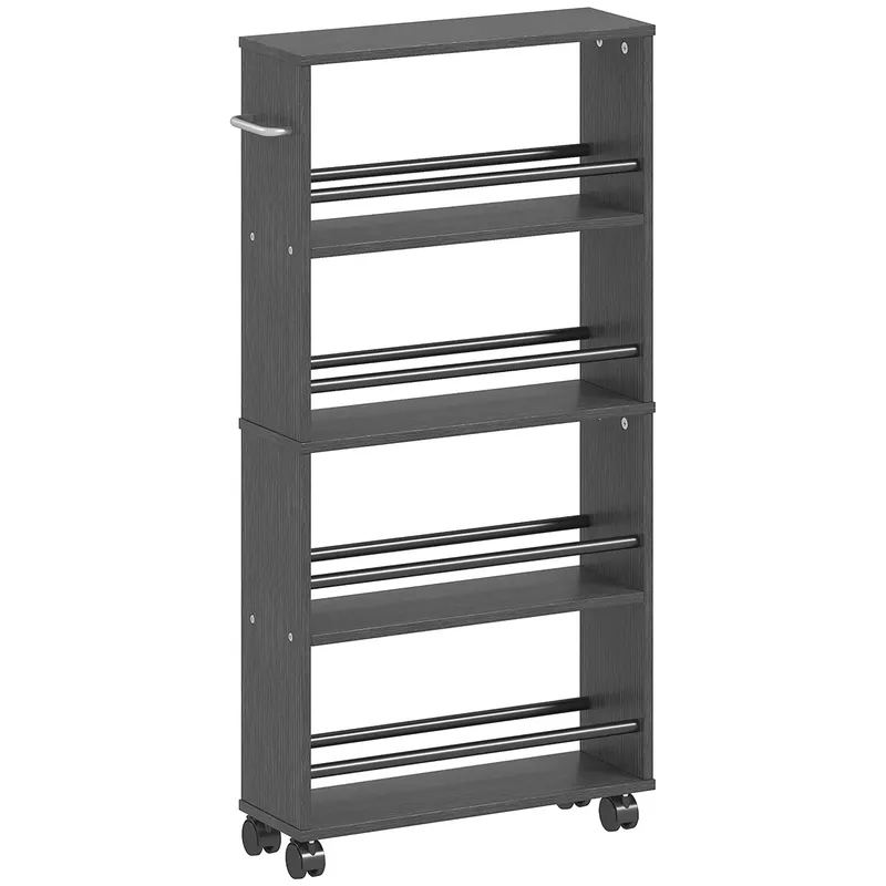 HOMCOM Raft multifuncțional cu roți, design îngust, 4 compartimente, 45x15x91 cm, Negru | Romania