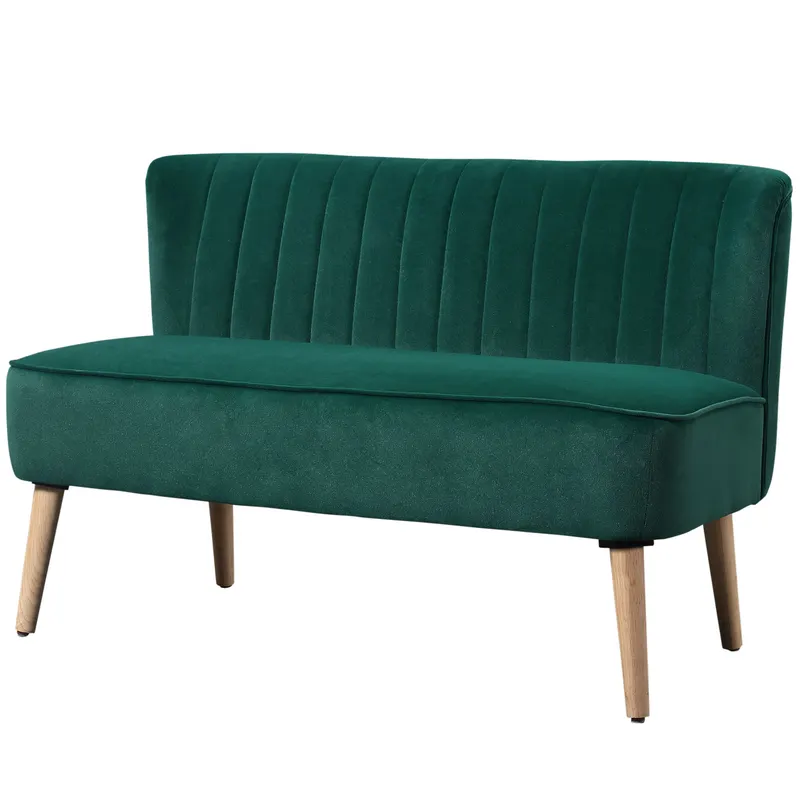 HOMCOM Canapea design retro 2 locuri, picioare din lemn, 117 cm x 56,5 cm x 77 cm, Verde închis | Romania