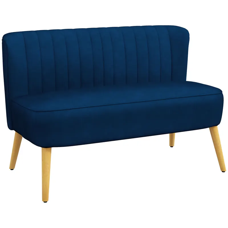 HOMCOM Canapea design retro 2 locuri, picioare din lemn, 117 cm x 56,5 cm x 77 cm, Albastru | Romania