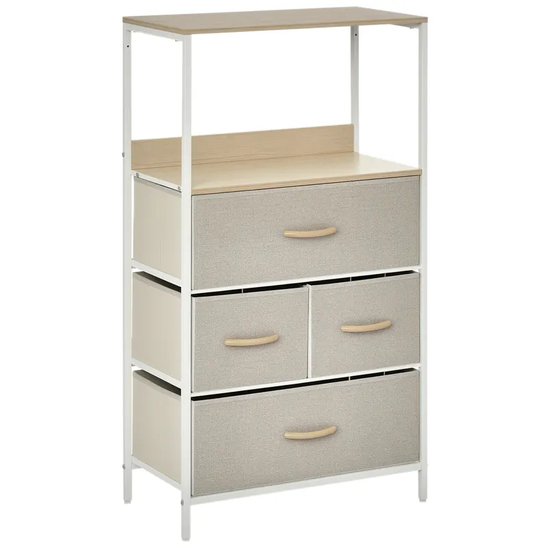 HOMCOM Comodă cameră mobilier de depozitare comodă 4 sertare din țesătură pliabile și detașabile cu rafturi deschise și cadru de metal, comodă pentru sufragerie, cameră, intrare, gri deschis | Romania