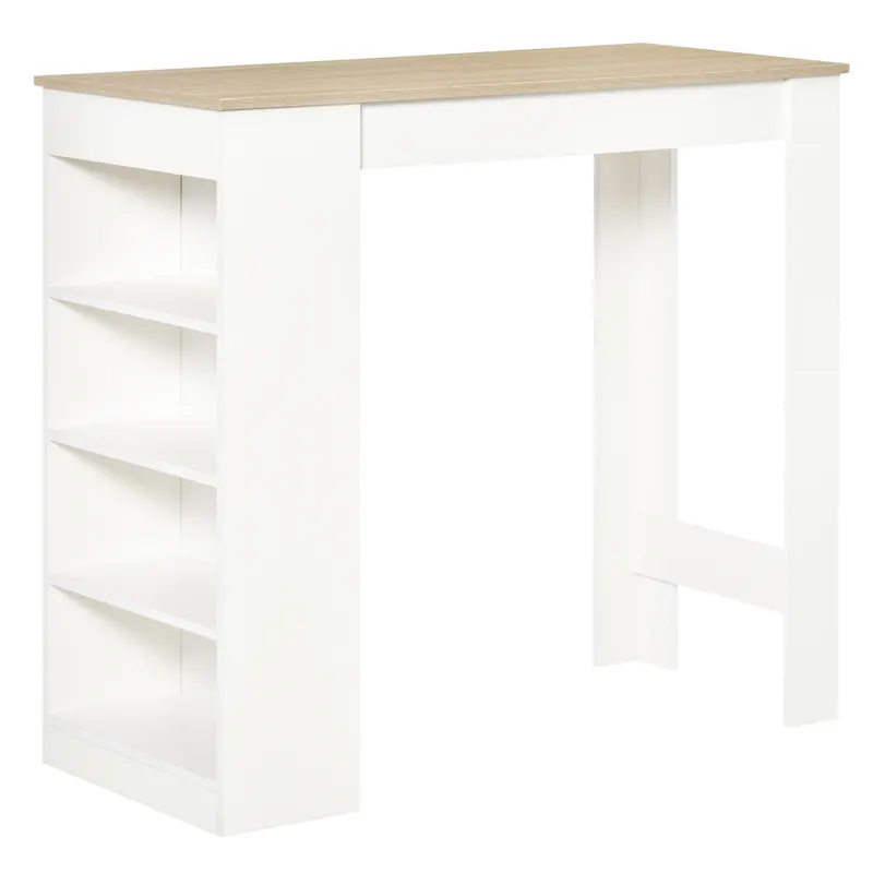 HOMCOM Masă de bar pentru 2 persoane, masă înaltă stand-up cu 4 rafturi deschise, 115x50x102,7cm, alb și lemn natural | Romania