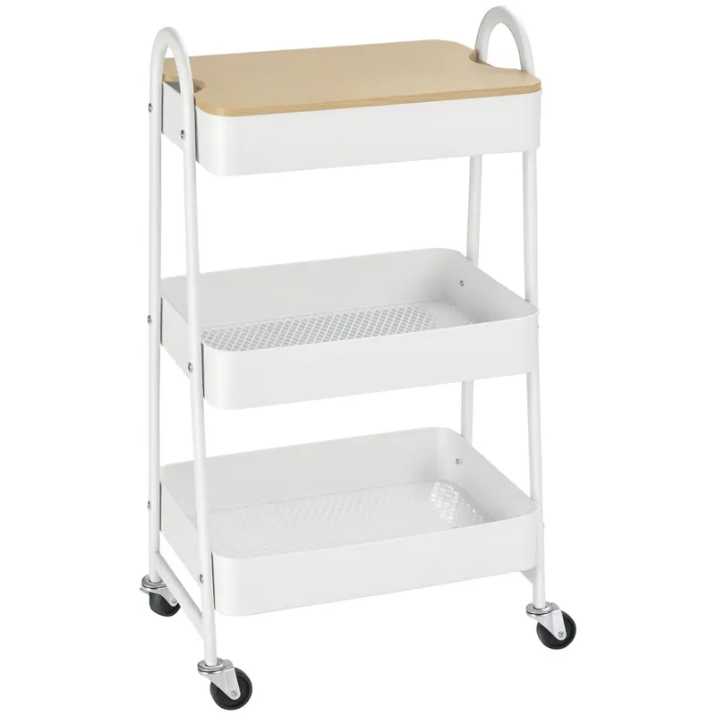 HOMCOM Carucior de depozitare din otel cu rotile cu 3 nivele, raft MDF, manere dim. 45L x 31l x 79.4H cm | Romania