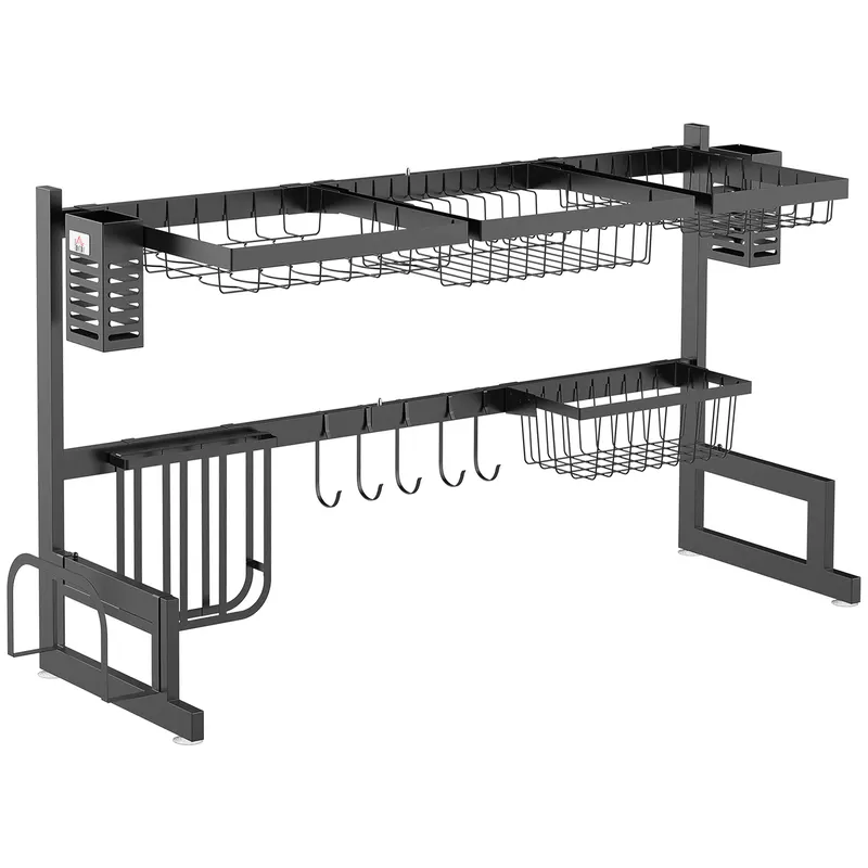 HOMCOM Scurgător de vase 2 nivele suport pentru cuțit suport pentru plachă de tăiat 93 x 30 x 52,5 cm oțel negru | Romania