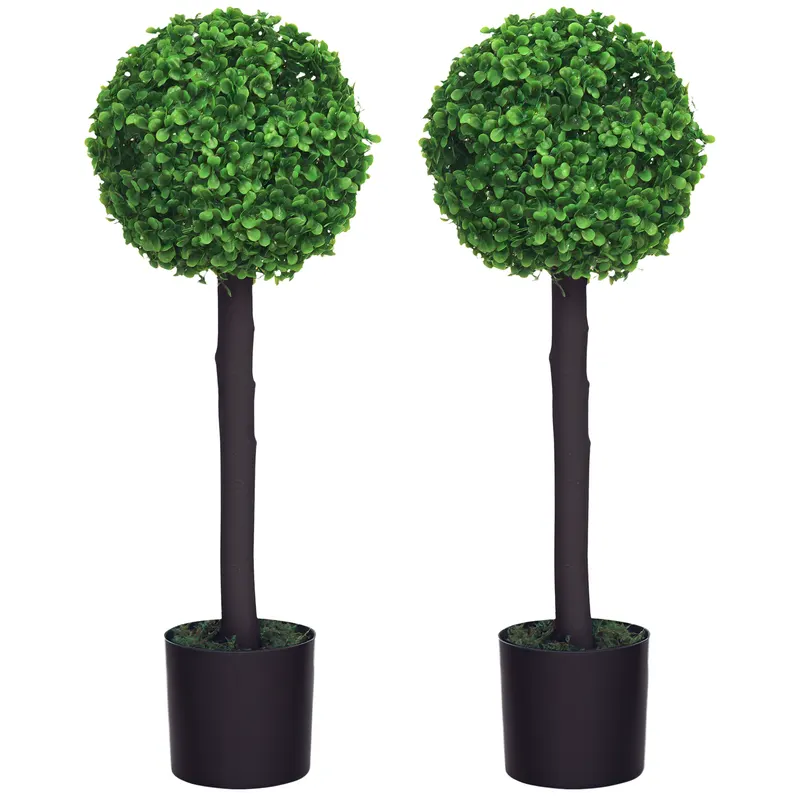HOMCOM Set de 2 plante mingi de bux artificial cu trunchi si ghiveci inclus - inaltime 60 cm | Romania