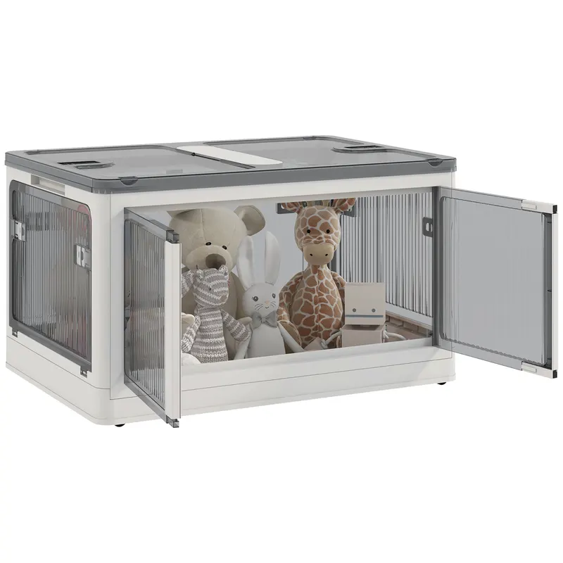 HOMCOM Cutie de depozitare pliabilă și empilabilă 99L din plastic cu capac și 4 roți, acces la 5 laturi, alb | Romania