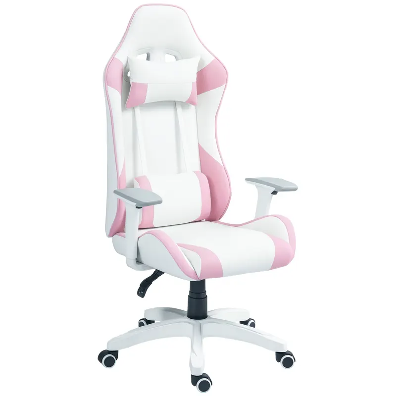 HOMCOM Scaun de Gaming, Design Curse, Inclinabil, Reglabil în Înălțime, Piele Ecologică, 67A x 60L x 120-128Î cm, Roz/Alb | Romania