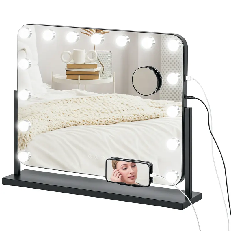 HOMCOM Oglindă cosmetică cu LED-uri, 3 moduri de lumină, reglabilă, control tactil, USB, 62,5x49,5 cm, negru | Romania