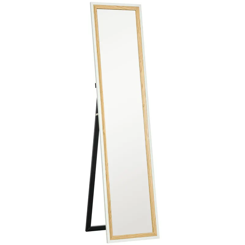 HOMCOM Oglindă de podea lungime întreagă oglindă pe suport cu ramă cu efect lemn, montare pe sol, suspendată, sprijinită, 157 x 37 cm alb | Romania