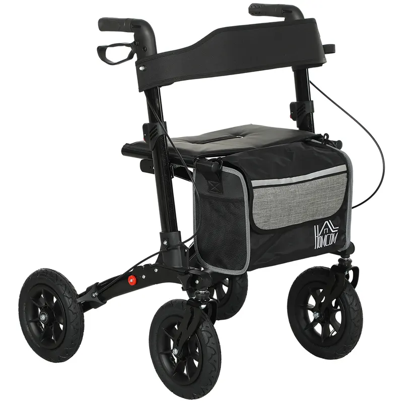 HOMCOM Deambulator pliabil 4 roți, rollator din aluminiu ușor, scaun căptușit, spătar, mânere reglabile, 69x64x98,5cm negru | Romania