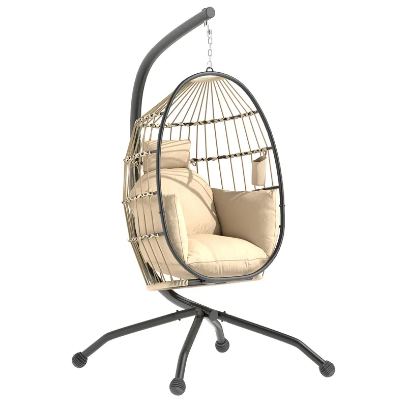 Outsunny Fotoliu Suspendat Tip Ou cu Lanț Reglabil, 2 Perne Detașabile și Suport pentru Pahare, Scaun Balansoar Pliabil pentru Grădină, Bază în X din Oțel, pentru Interior și Exterior, 120x88x192 cm, Bej | Romania