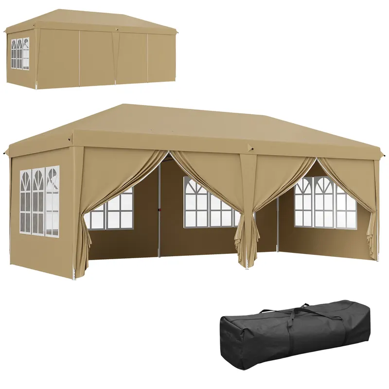 Outsunny Pavilion barnum pliant pop-up impermeabil 6 x 3 x 2,7 m 4 pereți laterali detașabili 4 ferestre husă de transport kaki | Romania