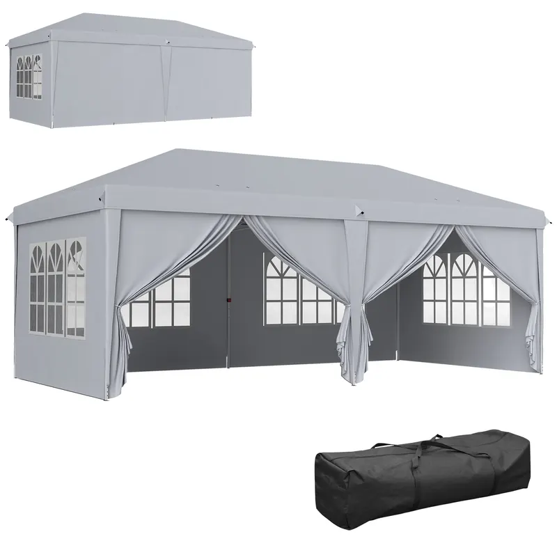 Outsunny Tonelă/barnum pliant pop-up 600 x 300 x 270 cm 4 pereți laterali detașabili 4 ferestre sac de transport gri deschis | Romania