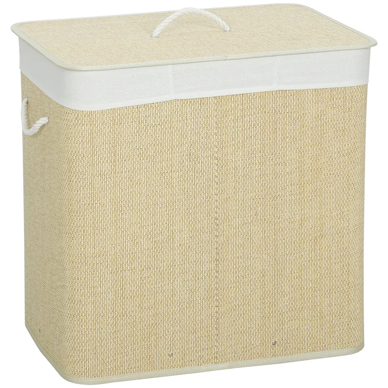 HOMCOM Coș pentru Rufe din Bambus cu Capac, 144L, 3 Compartimente, Sac Detașabil și Lavabil, Mânere, Crem | Romania