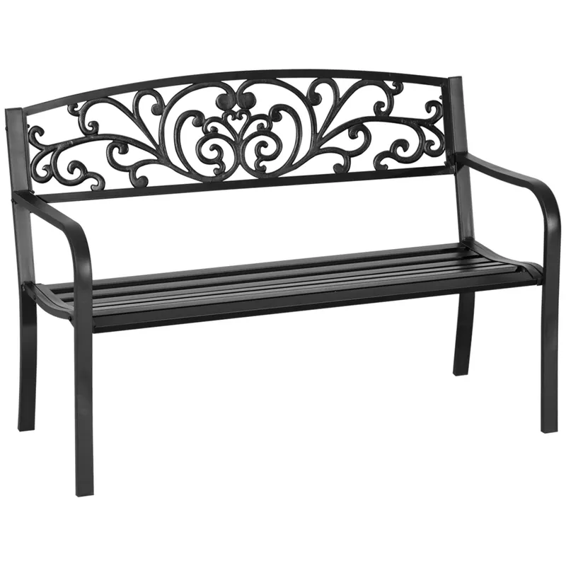 Outsunny Banca de gradina din metal cu spatar decorat, 127x60x87cm – negru | Romania