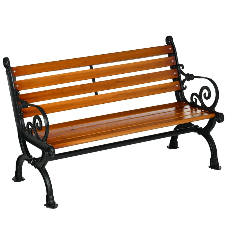 Outsunny Bancă de Exterior cu Cadru din Aluminiu, Scaun cu Două Locuri cu Cotieră Curbată, Șezut și Spătar din Lemn, 120x64x79 cm, Tec | Romania