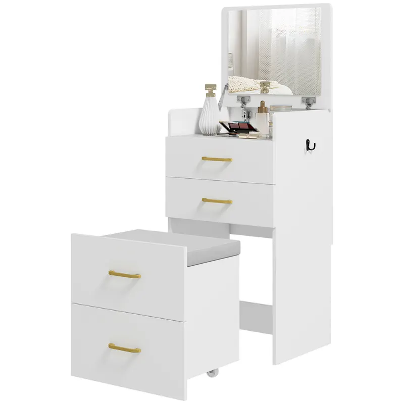 HOMCOM Masuta de Toaleta 3-in-1 cu Oglinda, Masuta de Noapte, Scaun cu Rotile, Sertare, Alb | Romania