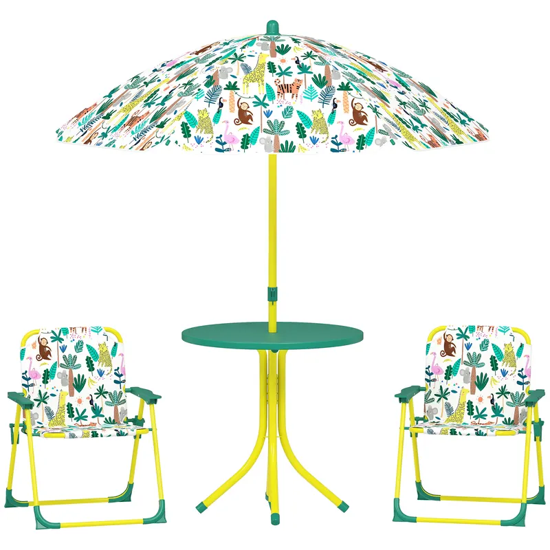 AIYAPLAY Masă de Picnic pentru Copii, Set Masă și Două Scaune Pliabile cu Umbrelă Demontabilă, Tematică Jungle, Mobilier de Exterior pentru Grădină, Terasă, Verde | Romania