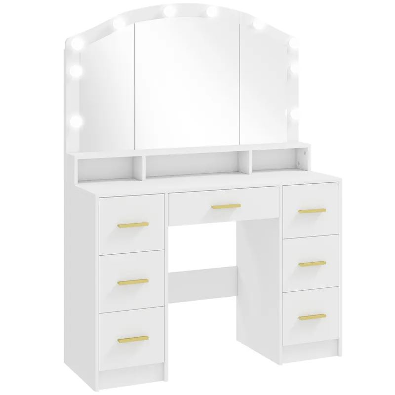 HOMCOM Masă de machiaj cu 10 becuri LED Hollywood, oglindă, 7 sertare, 3 compartimente, MDF, Alb | Romania