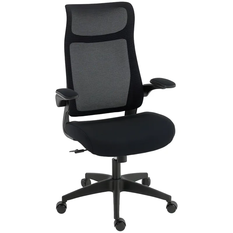 HOMCOM Scaun ergonomic de birou cu cotiere 3D, spătar din plasă, spătar în formă de S, tetieră, funcție balans, Negru | Romania