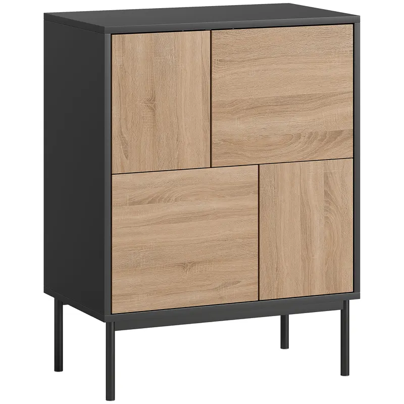 HOMCOM Sideboard cu uși push-to-open, dulap pentru sufragerie cu picioare metalice, dulap de bucătărie, MDF, Negru+lemn natural | Romania