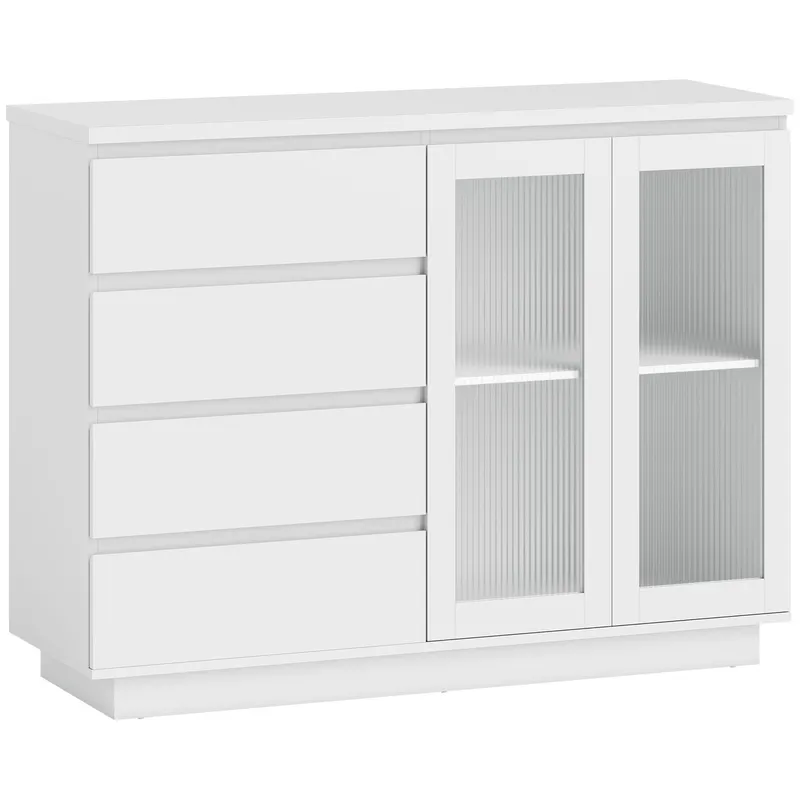 HOMCOM Bufet, sideboard cu 4 sertare, 2 uși din sticlă, design modern, MDF, Alb | Romania