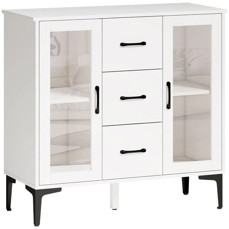 HOMCOM Bufet modern cu uși Soft-Close, bufet cu 3 sertare, 2 uși din sticlă, rafturi reglabile, MDF, Alb | Romania