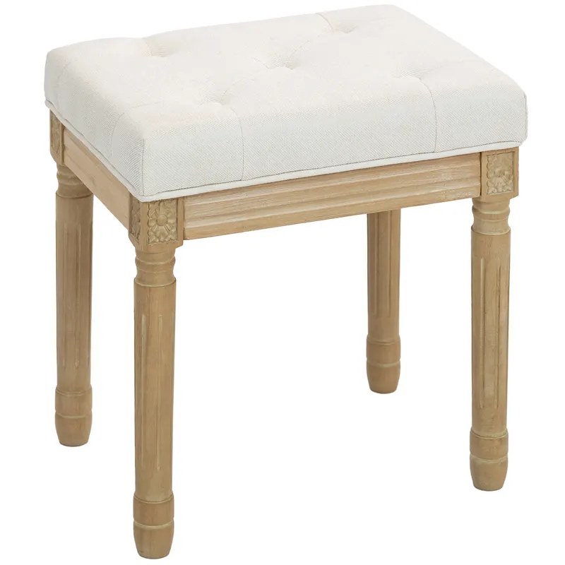 HOMCOM Otoman cu aspect de in, Bancă tapițată, Taburet pentru picioare cu șezut capitonat, Picioare din lemn, 42 x 32 x 46,5 cm, Bej | Romania