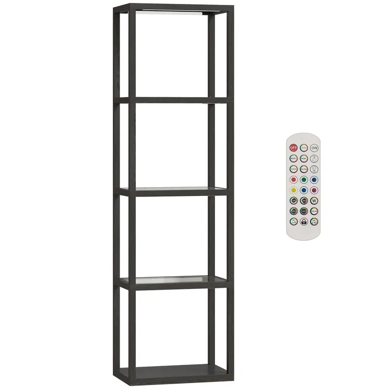 HOMCOM Lampă de podea RGB cu rafturi din sticlă, lampă LED cu 4 niveluri cu telecomandă, sincronizare muzicală, negru | Romania