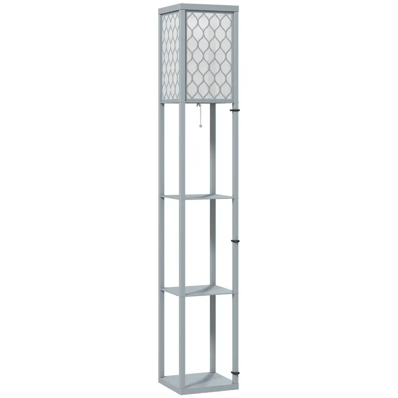 HOMCOM Lampadar Podea 2 în 1, 3 Rafturi, Economisire Spațiu, Soclu E27, 26x26x160 cm, Gri Deschis | Romania