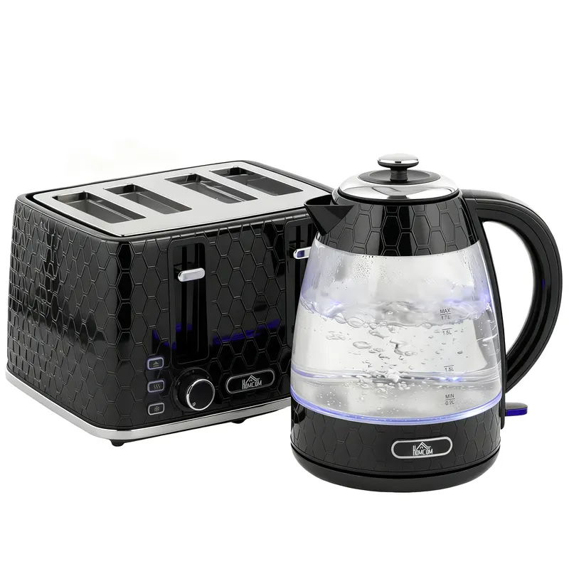 HOMCOM Set cu fierbător rapid 1,7L 2200W și prăjitor cu 4 fante cu filtru anticalcar, Negru | Romania