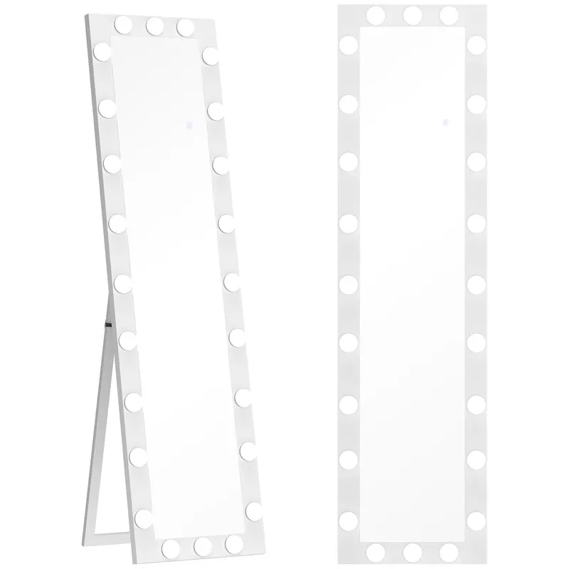 HOMCOM Oglindă de corp întreg 150x40 cm, oglindă LED cu 24 de becuri, 3 nuanțe de lumină, independentă, sprijinită sau pentru montare pe perete, Alb | Romania