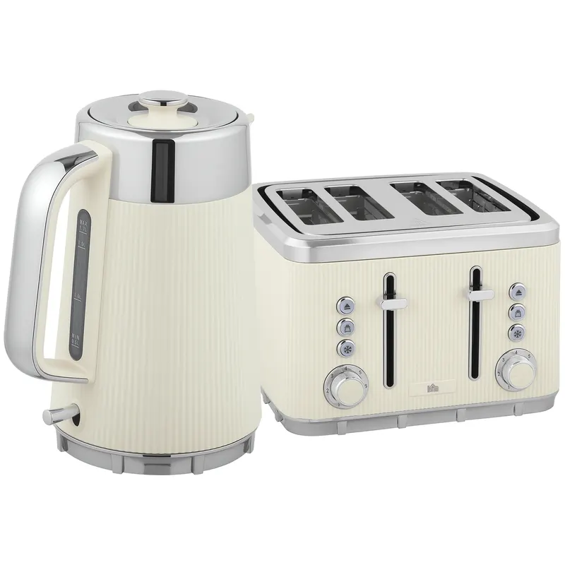 HOMCOM Fierbător 1,7 L 2200 W cu funcție de fierbere rapidă, filtru anticalcar și prăjitor cu 4 fante și 7 trepte de rumenire, alb-crem | Romania