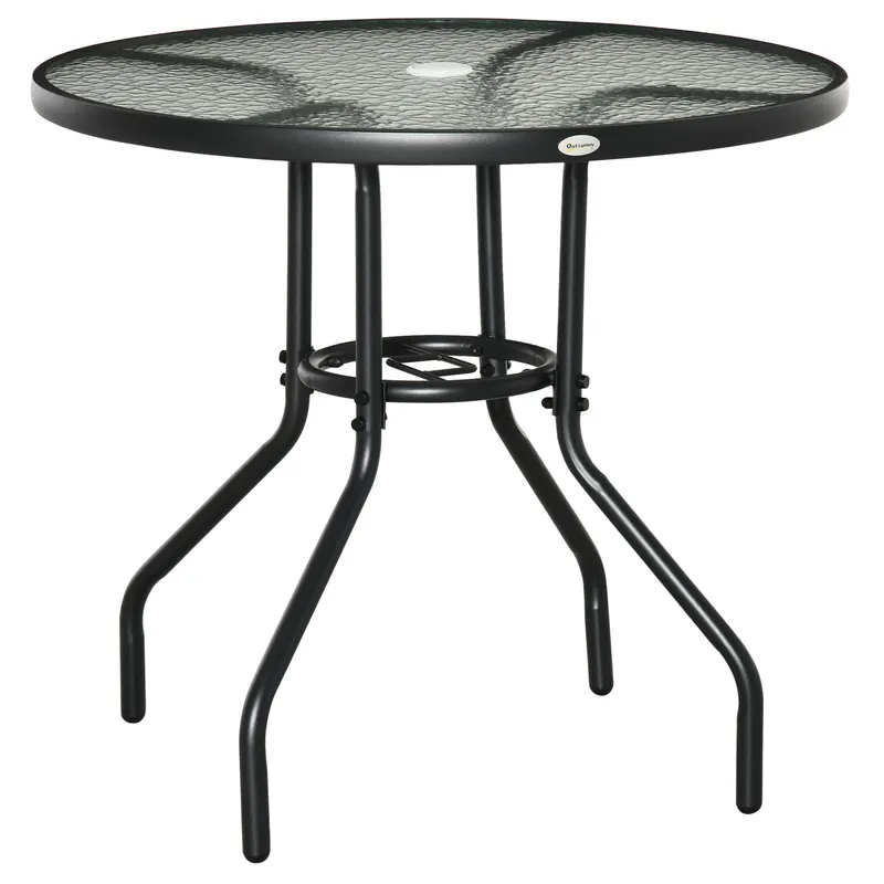 Outsunny Masă de Grădină Rotundă 80 cm cu Orificiu pentru Umbrelă, Masă de Cafea pentru Exterior cu Blat din Sticlă Temperată, Cadru Metalic, pentru Terasă, Balcon, Negru | Romania