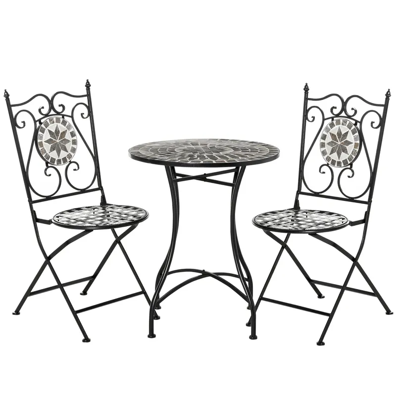 Outsunny Set grădină pentru 2 persoane Set mobilier balcon Masă mozaic+scaune pliabile Metal Placă ceramică Multicolor | Romania