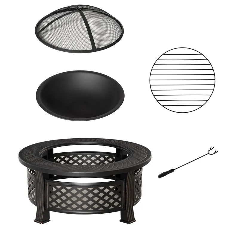 Outsunny Cuvă de foc cu cârlig, protecție la scântei, coș de foc, masă pentru foc rotund, loc de foc pentru grădină, camping, BBQ, oțel, negru, 81 x 81 x 50 cm | Romania