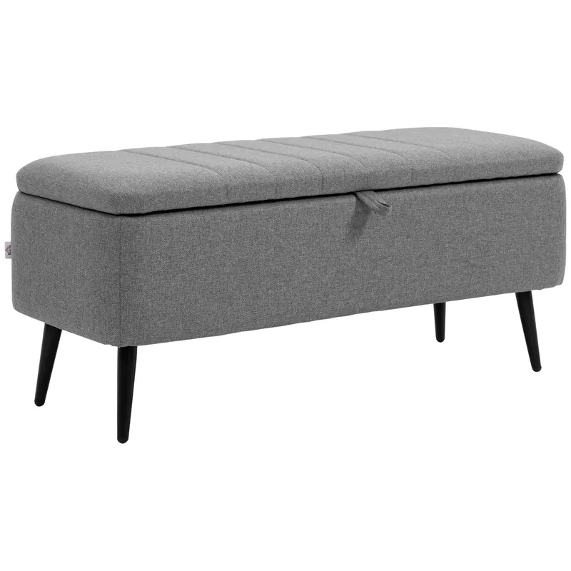 HOMCOM Bancă cu spațiu de depozitare, bancă tapițată cu aspect de in, cutie de depozitare cu picioare din oțel 102 x 40 x 44 cm, Gri | Romania