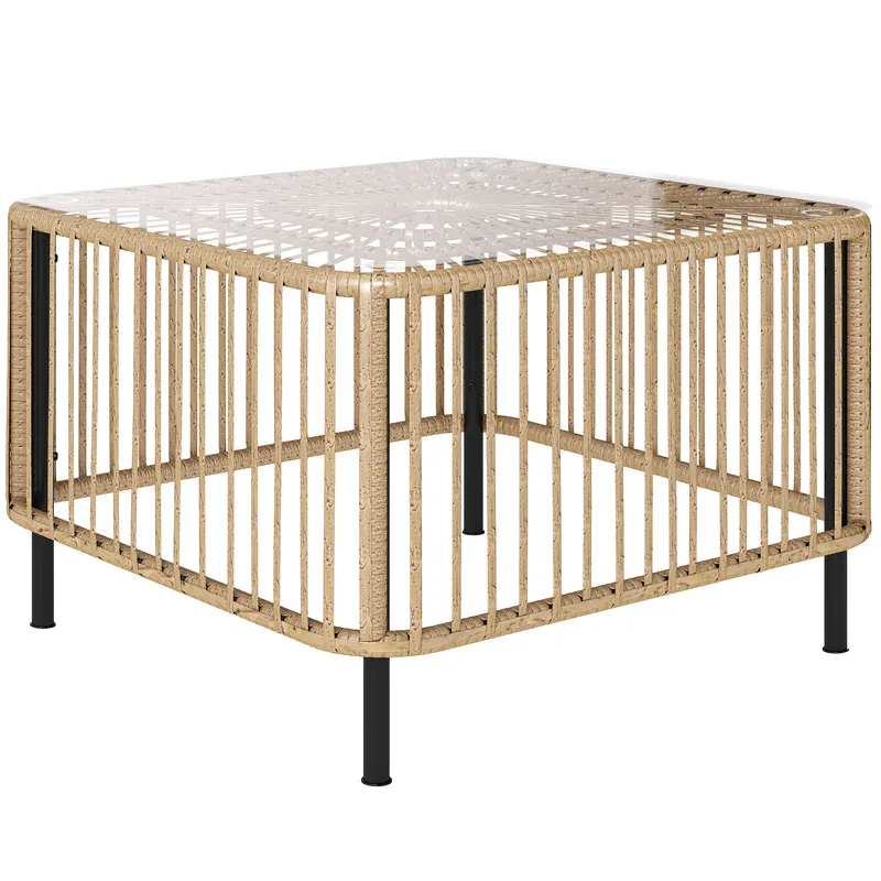 Outsunny Masă de grădină din Polyrattan, 65 x 65 x 43 cm, masă laterală rezistentă la intemperii, pătrată, cu blat din sticlă, lemn natural | Romania