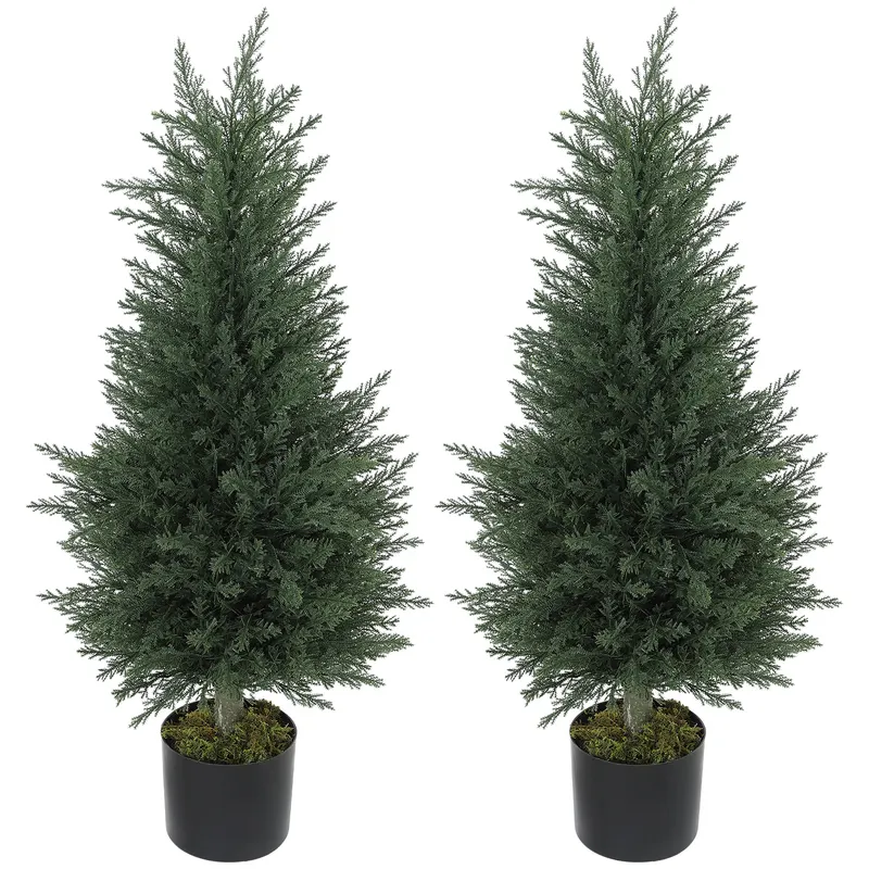 Outsunny Set 2 Plante Artificiale de Chiparos cu 362 Frunze și Ghiveci cu Ciment și Mușchi, Plante Rezistente la UV, Ø40x90 cm, Verde | Romania