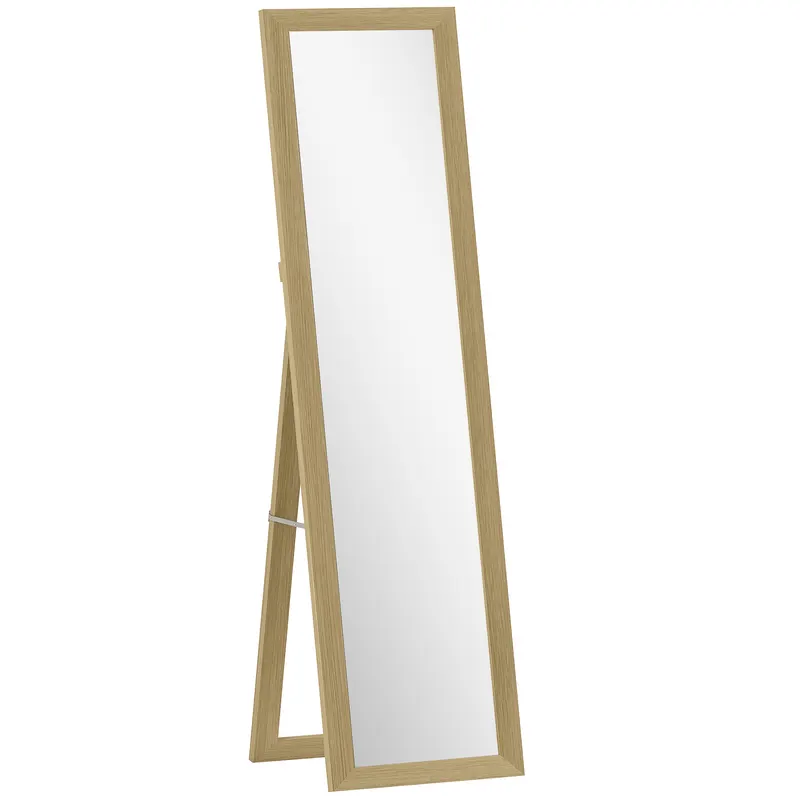 HOMCOM Oglindă cu Ramă din MDF, Picioare și Cârlige pentru Utilizare pe Podea sau pe Perete, 37x40x155 cm, Lemn Natural | Romania