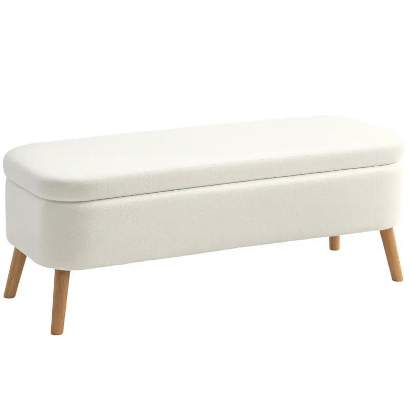 HOMCOM Bancă de depozitare, bancă cu 65 L spațiu de depozitare, material Teddy-Fleece, lemn de cauciuc, 120 x 42 x 45 cm, alb crem | Romania