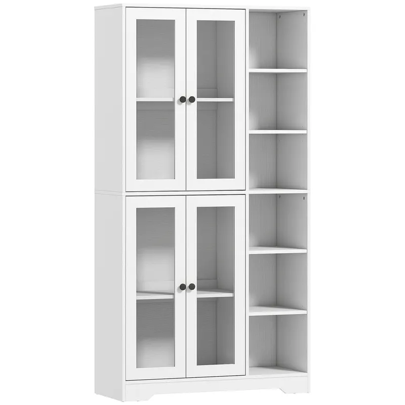HOMCOM Bufet Bucătărie Înalt, Dulap Dispensa cu 4 Uși din Sticlă Soft-Close, 6 Rafturi Deschise, Rafturi Reglabile, Alb | Romania