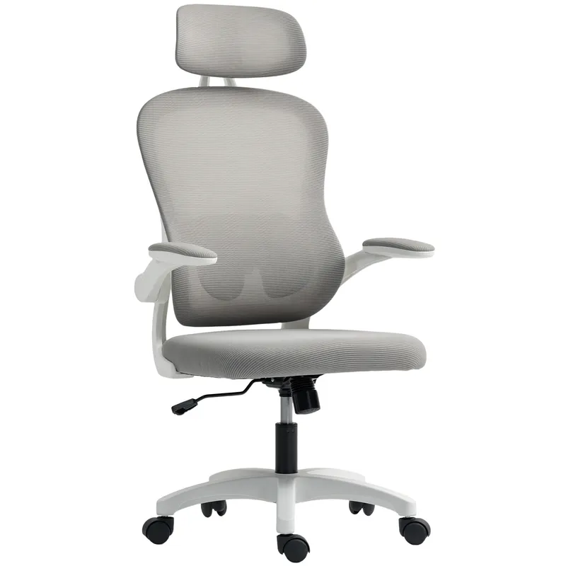 HOMCOM Scaun birou ergonomic cu spătar din plasă, reglabil pe înălțime, cotiere rabatabile, 5 roți, funcție balans, Gri | Romania