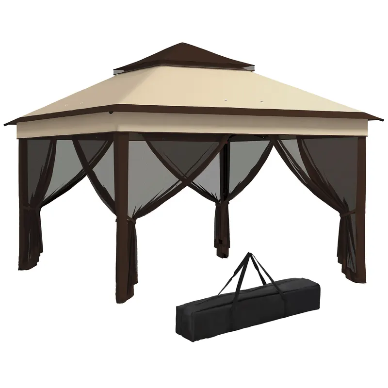 Outsunny Foisor Pop Up 3x3m Cu Plasa Si Geanta De Transport, Cort De Petrecere Reglabil In Inaltime Si Rezistent UV, Bej