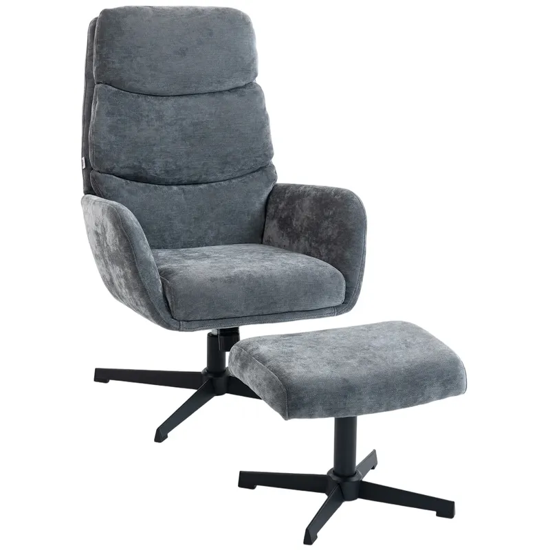 HOMCOM Fotoliu tapițat cu taburet, fotoliu lounge cu spătar înalt, bază metalică, pentru living, dormitor, gri | Romania