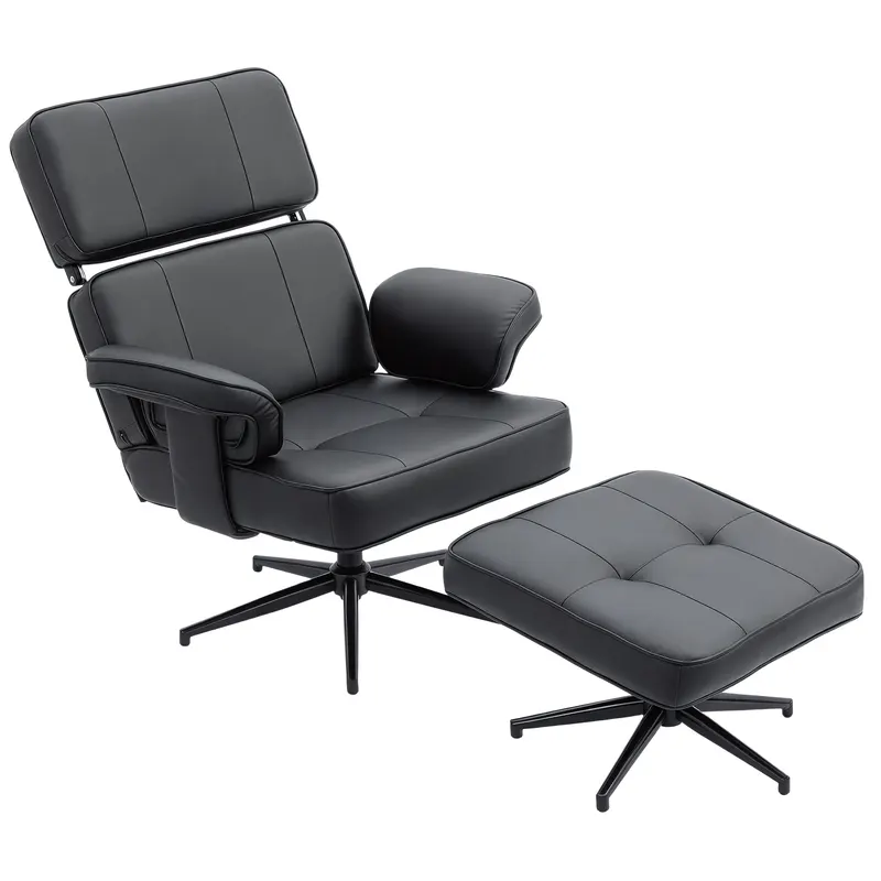 HOMCOM Fotoliu recliner reglabil cu otoman, tapițerie din piele ecologică, tetieră reglabilă pe înălțime, bază metalică, Negru | Romania